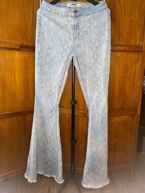 Rock & Roll Denim Bargain Button Bell Jeans Women's 29x34 Blue Print Flare Boho